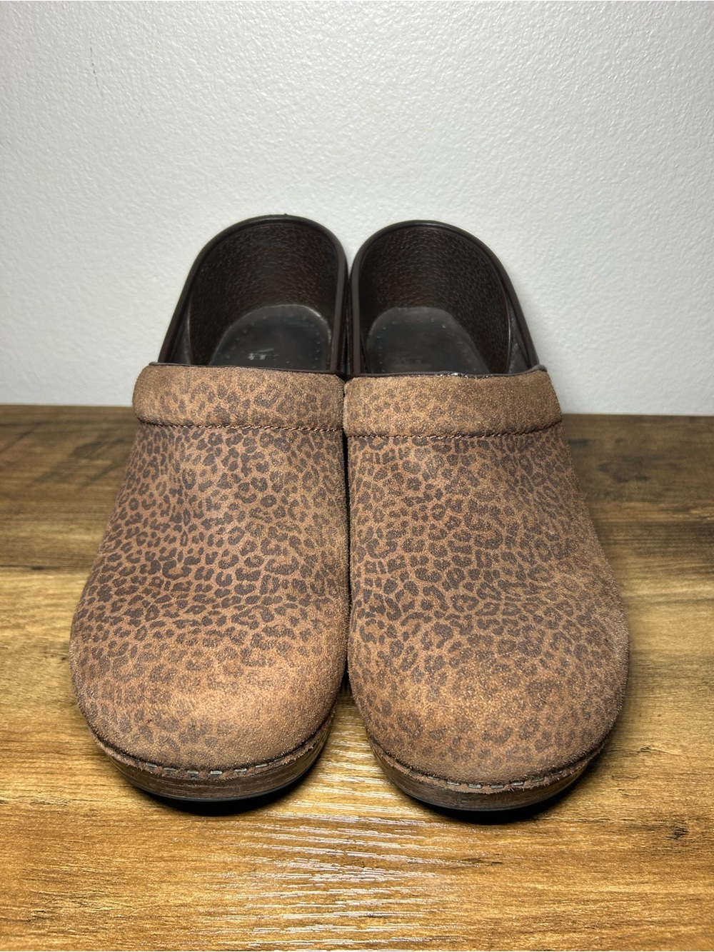 Dansko Women's Leopard Print Suede Clogs in Brown